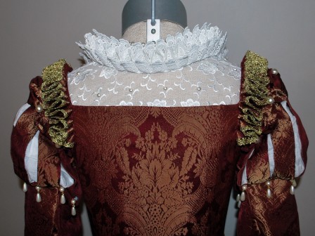 Burgundy Venetian Renaissance Gown With Ruffs, Lace Partlet