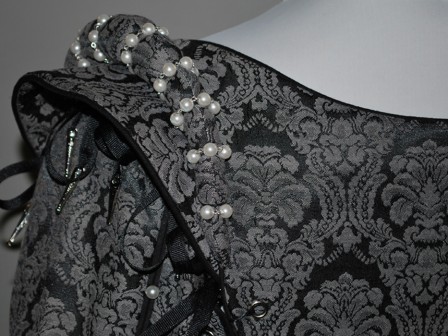 Black and Grey Elizabethan Renaissance Gown, Pearl Shoulder Roll